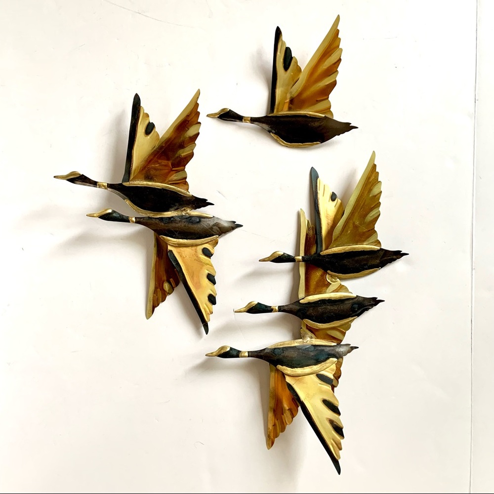 Mid century Metal Goose Wall Decor Art Brass Set